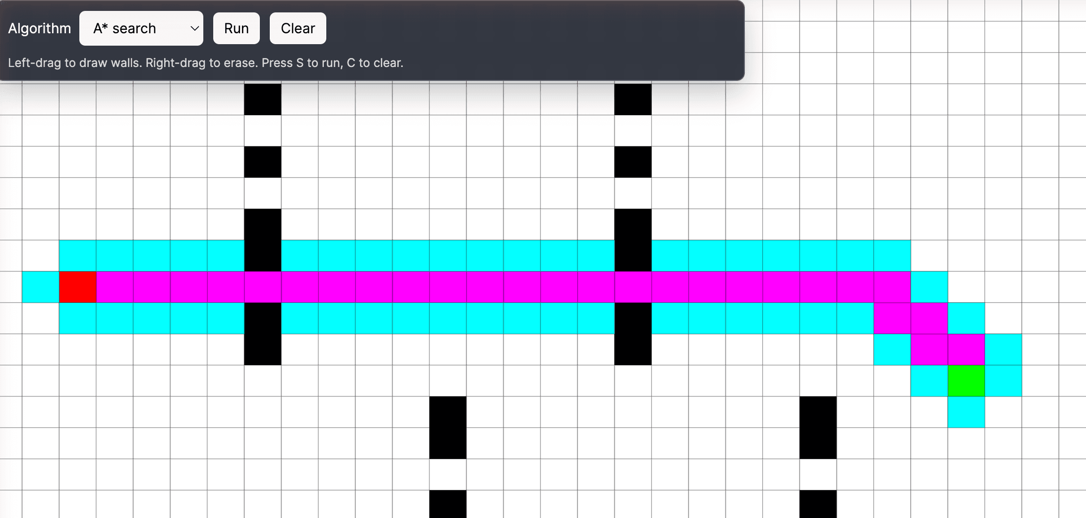 A* search tracing a magenta path through a hand-drawn maze from the red start to the green target